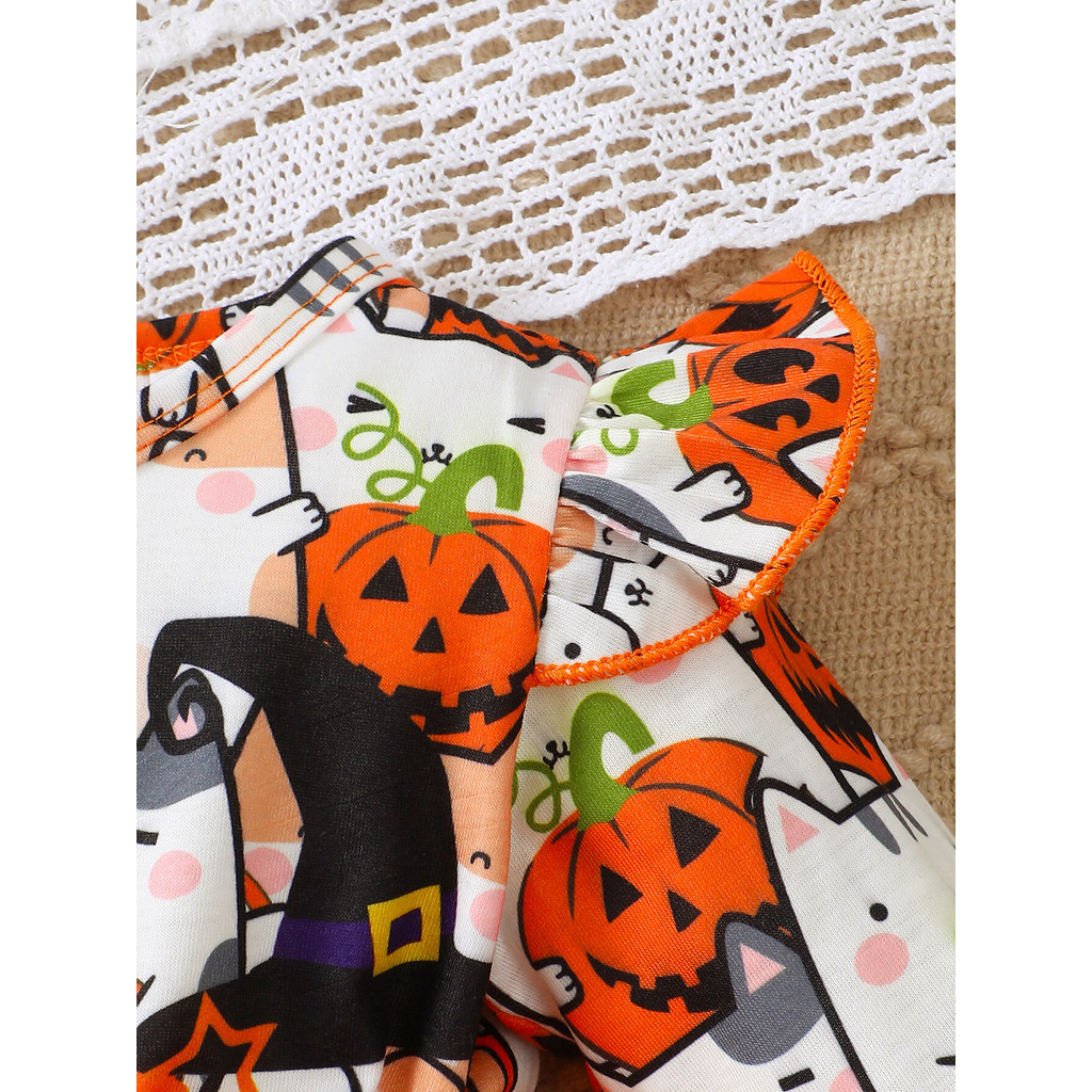 Mikrdoo Halloween Costome Newborn Toddlers Girl Dress 0-3Years Long Flutter Sleeve Lace Skirt Lovely Pumpkin Print Girl Baby Clothing