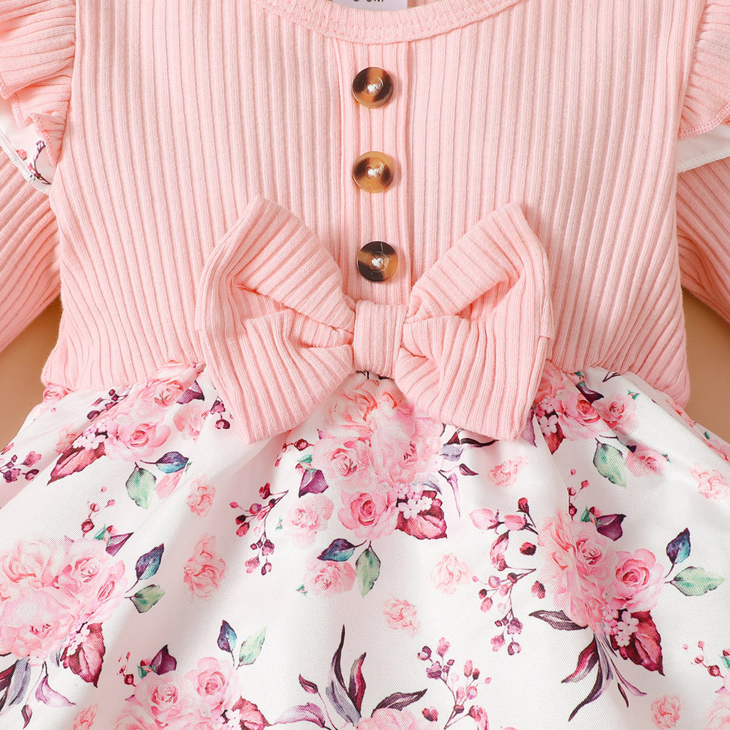 0-18 Months Romper Baby Girl 2 Clothes Set Toddler Baby Girl Pink Long Sleeved Ribbed Bodysuit Fly Sleeve Floral Skirt Infant Baby Wear Party Photograph Fashion Cute Outfit