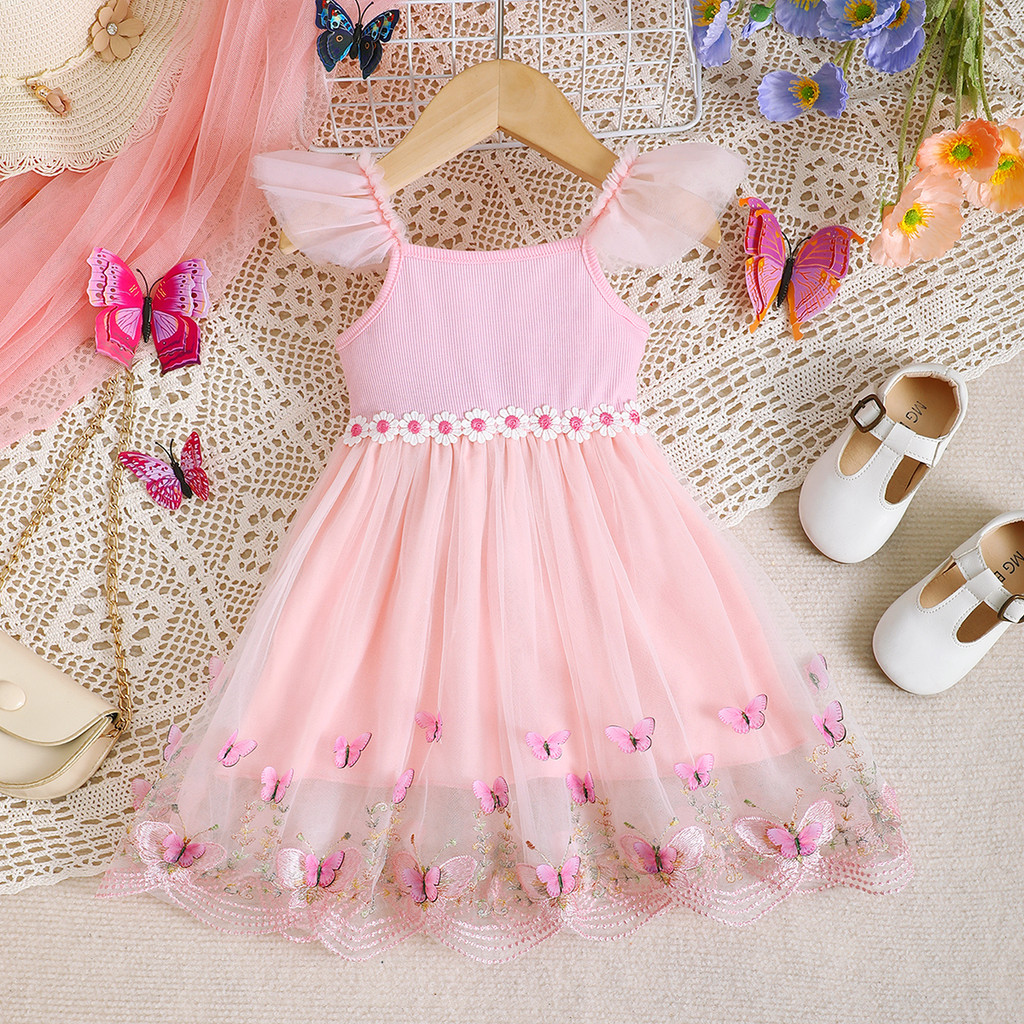 0-3Years Toddler&Newborn Baby Girl Mesh Sleeveless Flower Butterfly Design Embroidery Fashion Dresses Summer Girl Party Outfit