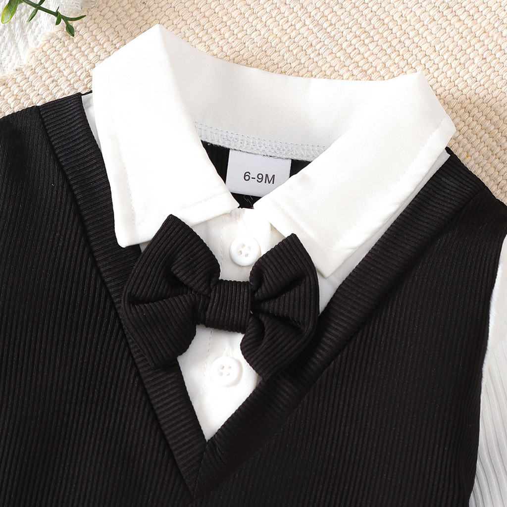 Baby Boys Formal Suit 2Pcs (Shirt + Pants) with Bow Tie for 6M-3Yrs Kids, Black Gentleman Outfit for Wedding/Party/Photoshoot