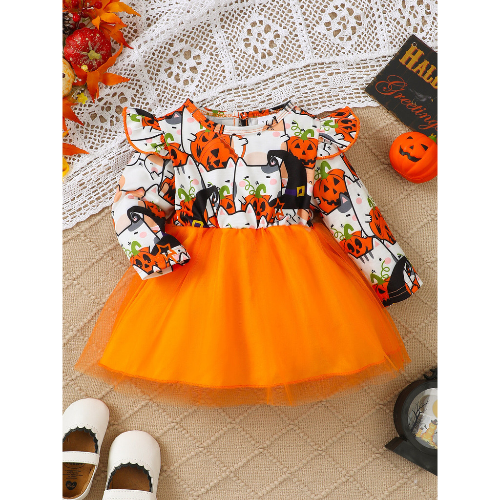 Mikrdoo Halloween Costome Newborn Toddlers Girl Dress 0-3Years Long Flutter Sleeve Lace Skirt Lovely Pumpkin Print Girl Baby Clothing