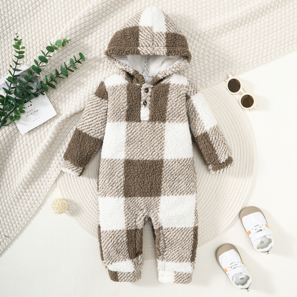 【3-24M】 Baby Boy Khaki Plaid Hooded Fleece Jumpsuit | Autumn Winter Warm Crawling Suit | Plush Long-Sleeve Outdoor Romper for Infants