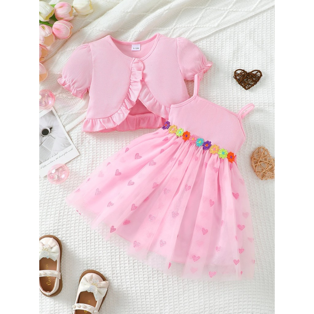 Dresses for 0-3Years Toddler Baby Girl 2pcs Clothing Set Pink Short Sleeved Cardigan Sling Flower Embroidered Love Mesh Dress Fashion Cute Style Infant Baby Daily Outfit