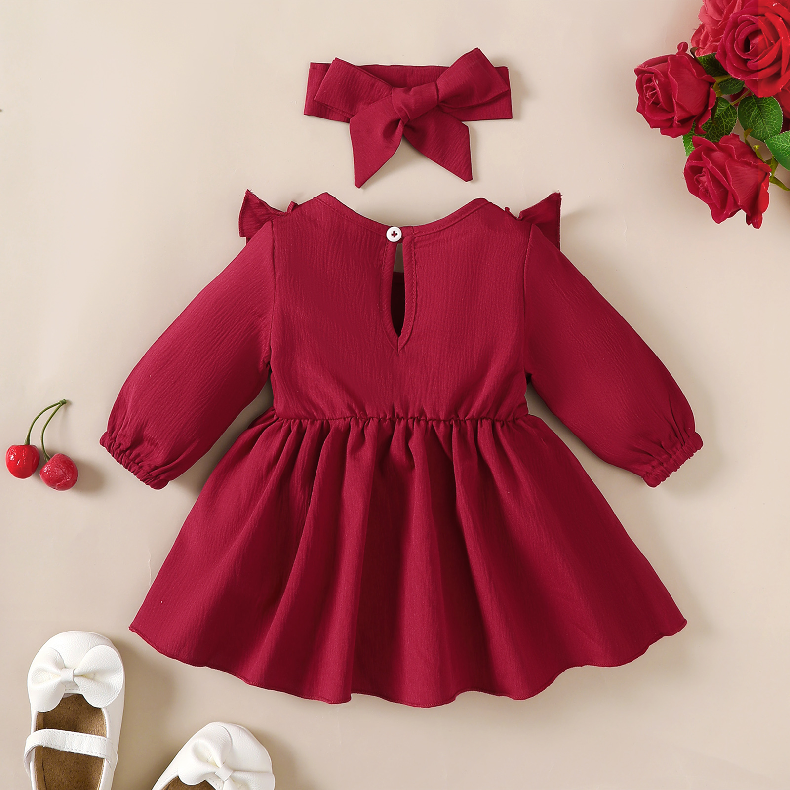 Dress for 1-18Months Newborn&Toddler Baby Girl Dress with Ruffled Edges and Bow, Long Sleeved Dress and Headband Set
