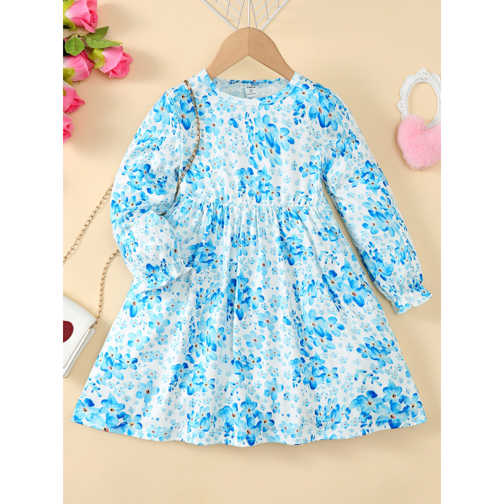 【2-7 Years】 Kids Girl Blue Floral Long-Sleeve Dress | A-Line Casual Princess Dress for Autumn
