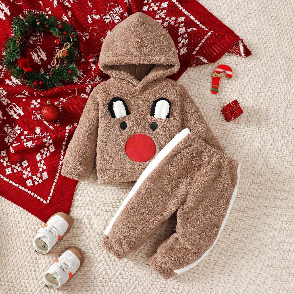 2pcs 0-3Years Toddler Baby Boy  Winter Christmas Clothing Set Plush Deer Print Hooded Sweatshirt with Pants Fashion Warm for Kid Wear