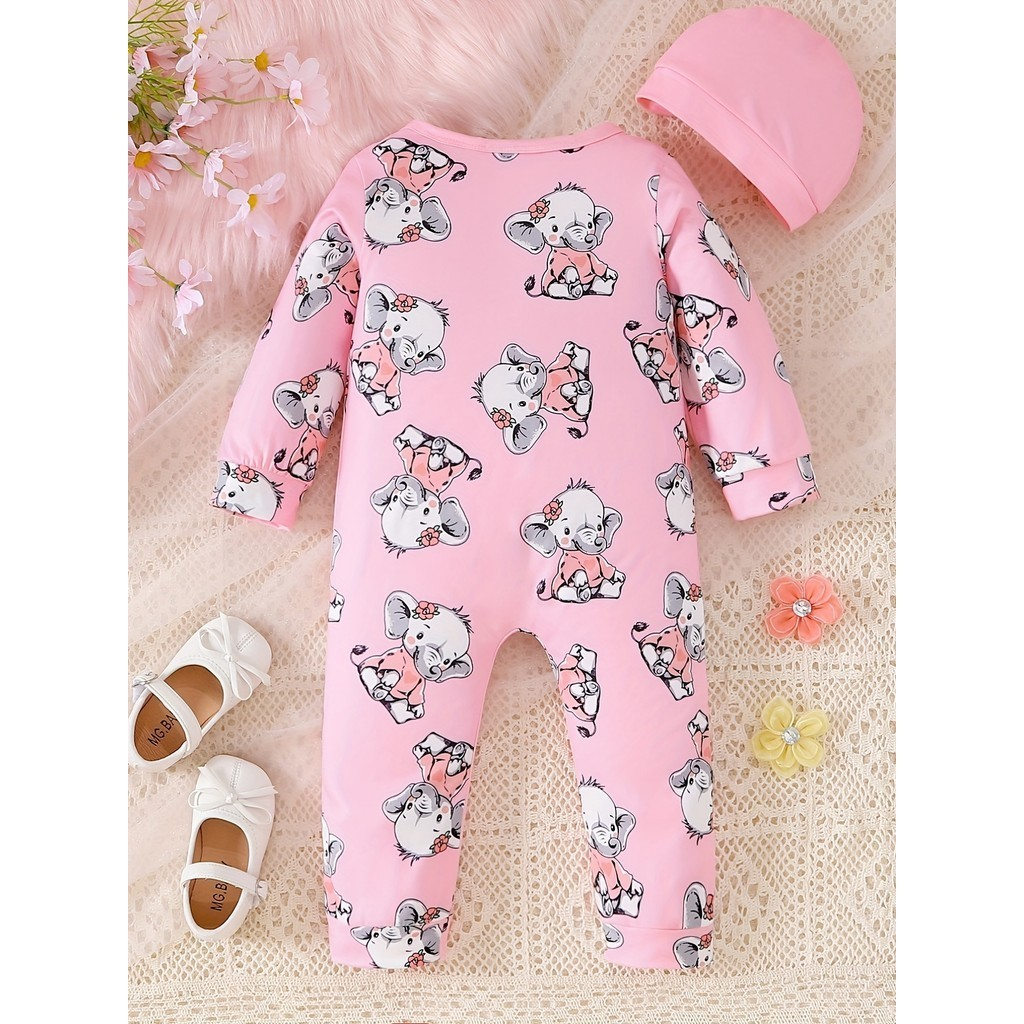 1-24 Months Toddler Baby Girl 2pcs Clothes Set Long Sleeve Elephant Print Romper with Hat Fashion Cute Style Newborn Baby Girl Photograp Outfit
