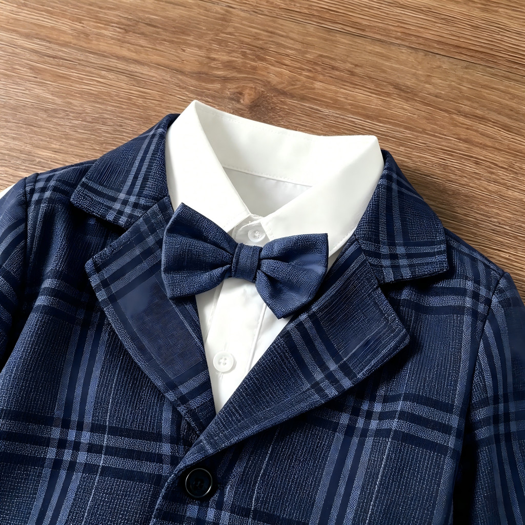 Baby Boy 3-18Months Plaid Formal Suit Set, Infant Gentleman Blazer + Pants + Bow Tie Outfit for Wedding Baptism Party