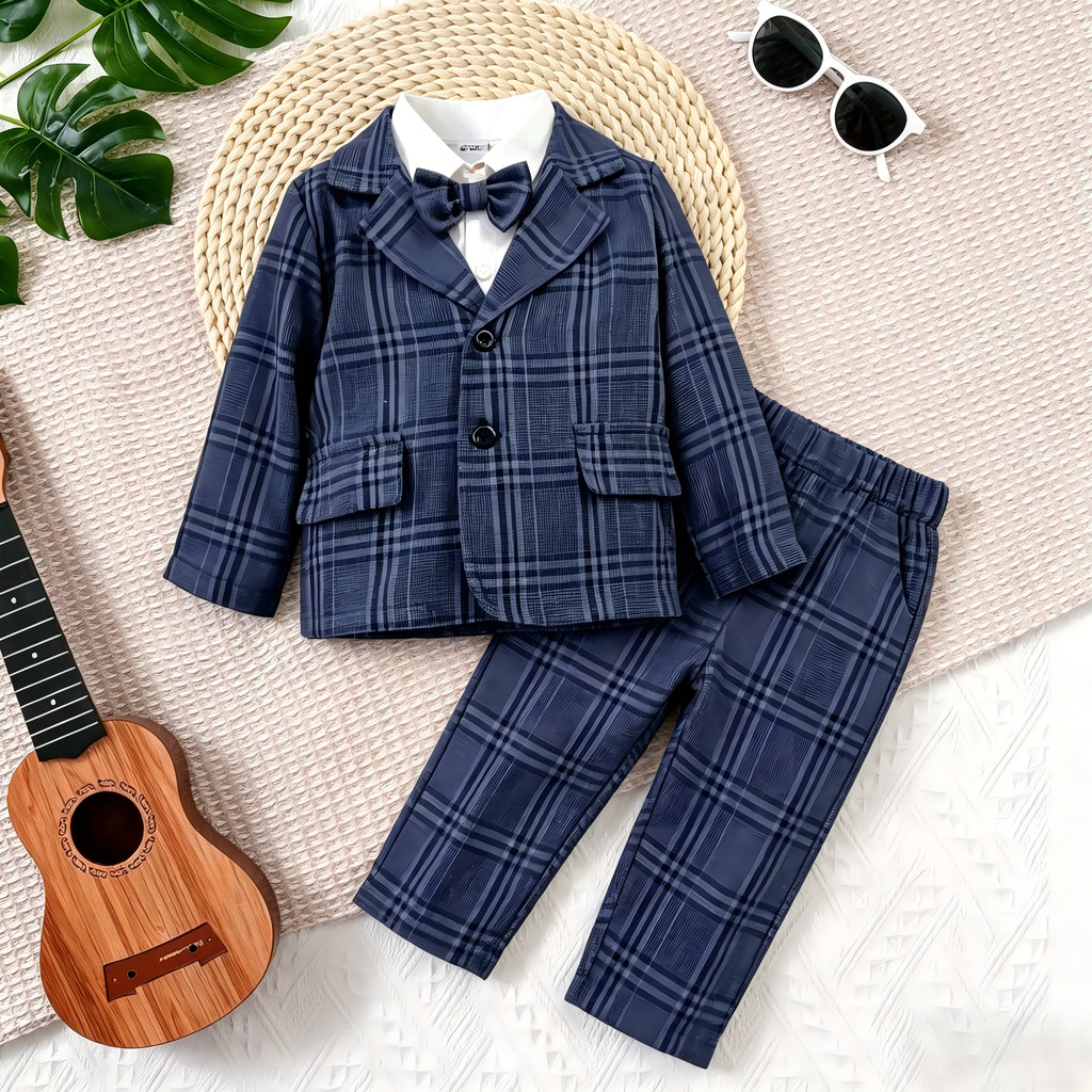 Baby Boy 3-18Months Plaid Formal Suit Set, Infant Gentleman Blazer + Pants + Bow Tie Outfit for Wedding Baptism Party