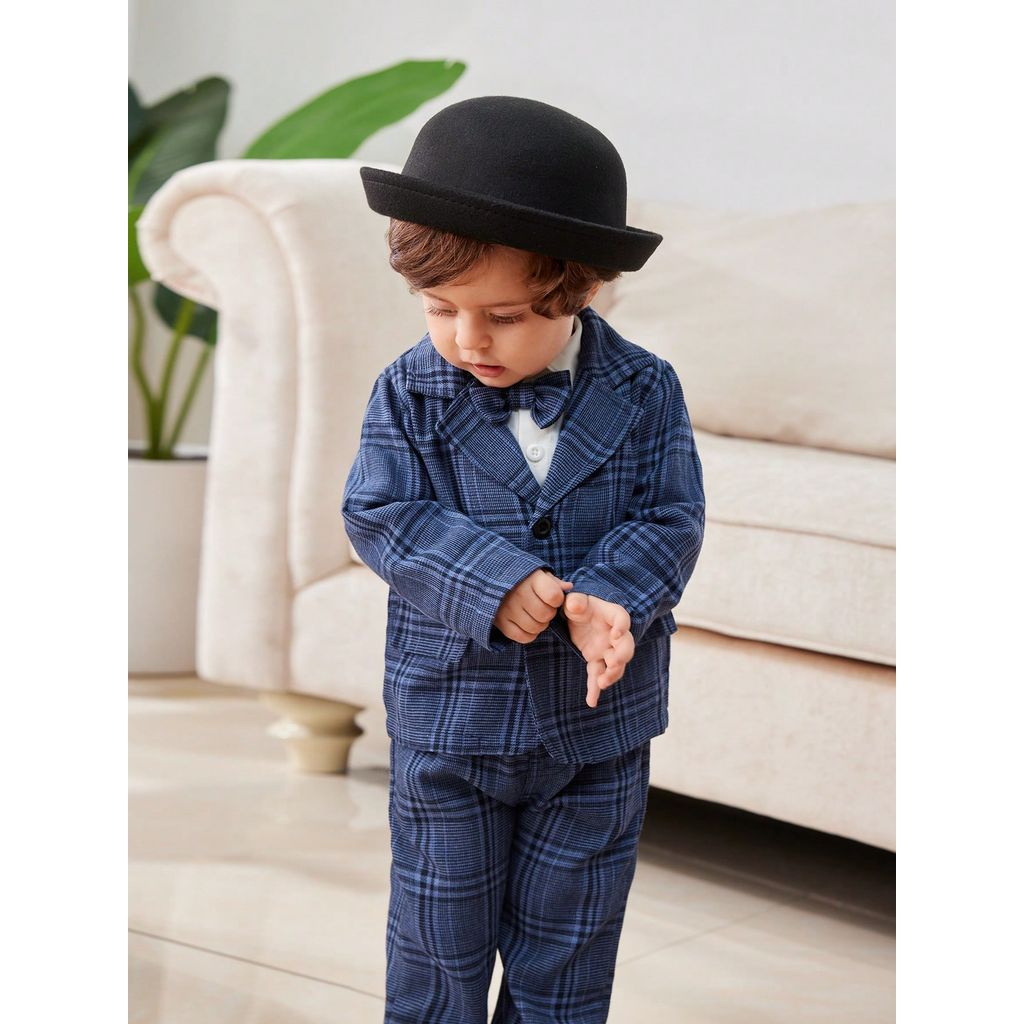 Baby Boy 3-18Months Plaid Formal Suit Set, Infant Gentleman Blazer + Pants + Bow Tie Outfit for Wedding Baptism Party