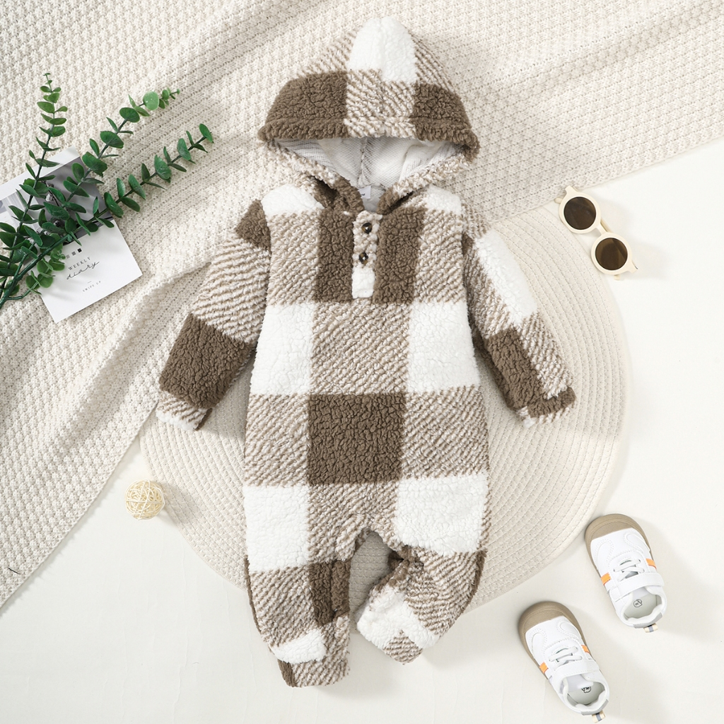 【3-24M】 Baby Boy Khaki Plaid Hooded Fleece Jumpsuit | Autumn Winter Warm Crawling Suit | Plush Long-Sleeve Outdoor Romper for Infants