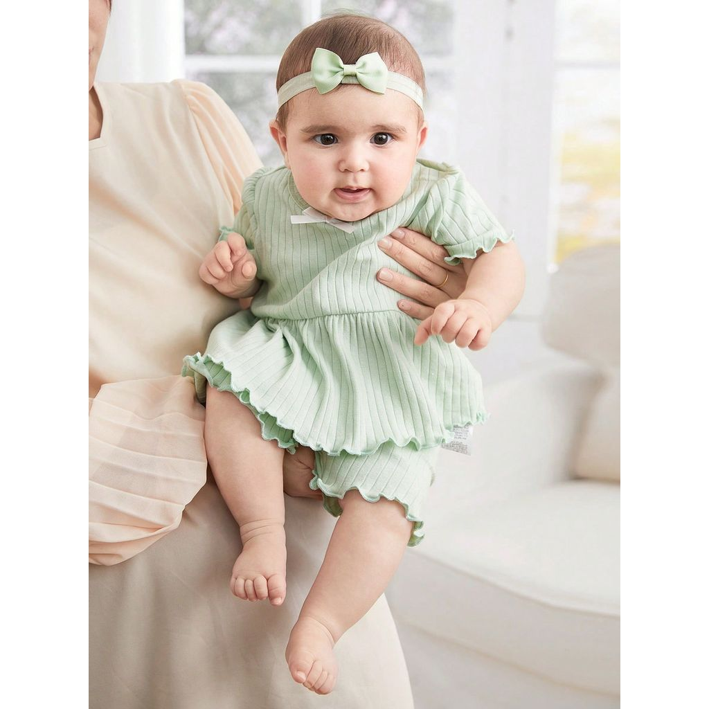 Baby Girl Clothes For 0-24 Months Cute Kitten Pattern Jumpsuit Pink Shorts Set Fly Sleeve Lovely Bow Headband Fashion And Leisure