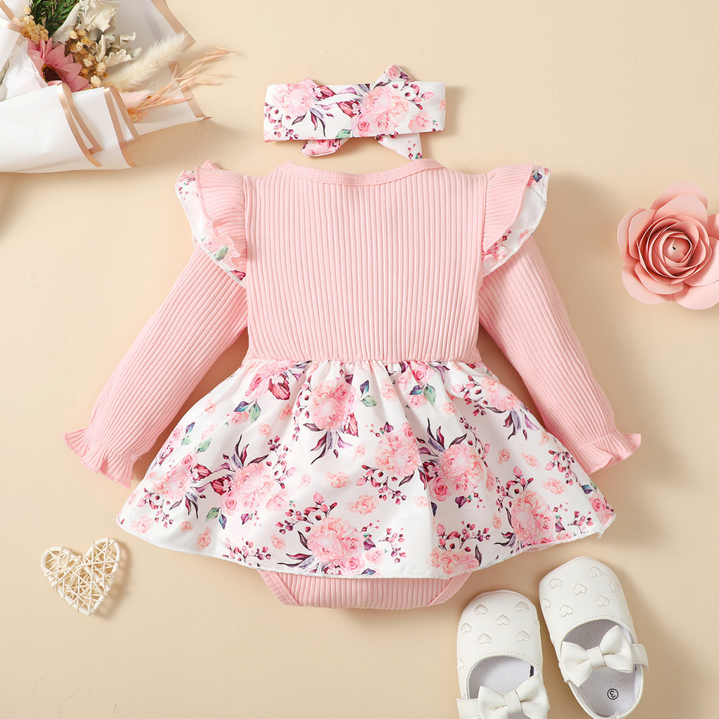 0-18 Months Romper Baby Girl 2 Clothes Set Toddler Baby Girl Pink Long Sleeved Ribbed Bodysuit Fly Sleeve Floral Skirt Infant Baby Wear Party Photograph Fashion Cute Outfit