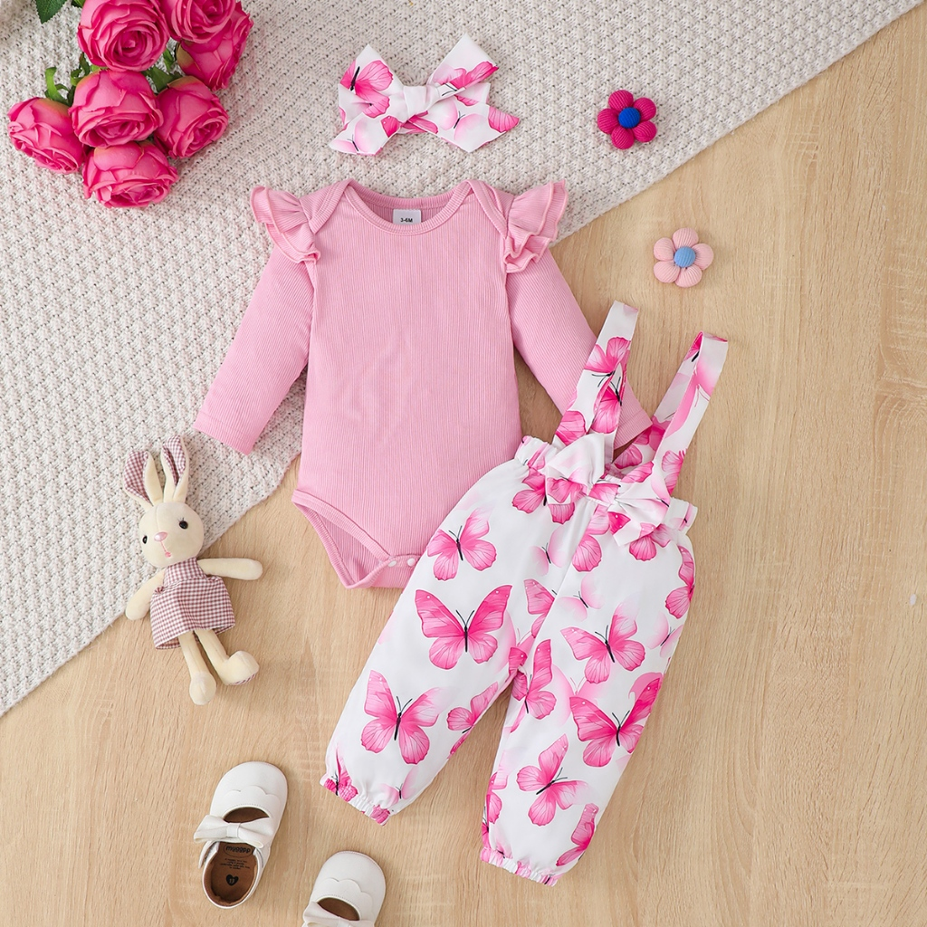 Girl's pink long sleeved hoodie+butterfly printed overalls set baby jumpsuit 0-24 months with headband for fashionable outdoor wear