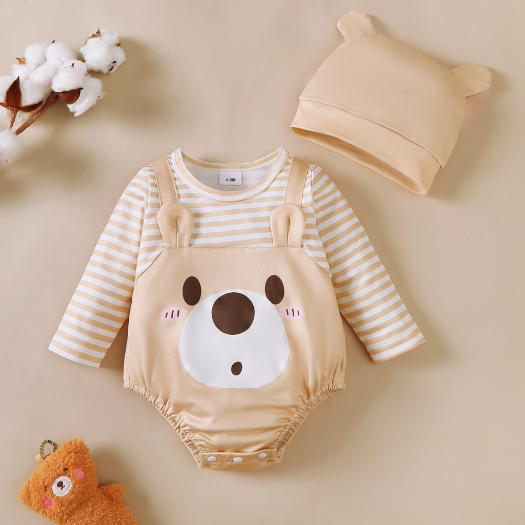 【 1-18 months 】 Baby khaki long sleeved jumpsuit | Cartoon bear print hooded crawling suit | Spring and Autumn baby jumpsuit | Soft and skin friendly baby clothes