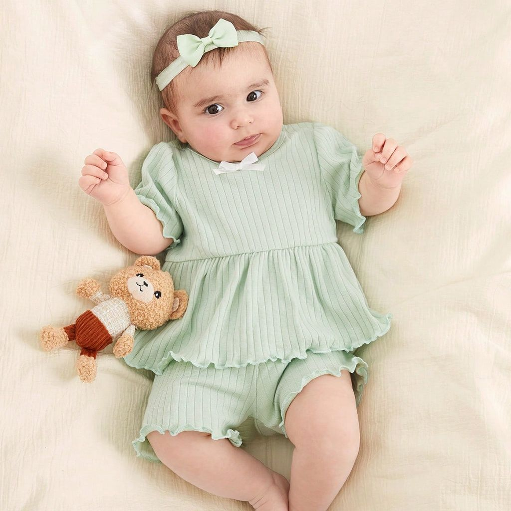 Baby Girl Clothes For 0-24 Months Cute Kitten Pattern Jumpsuit Pink Shorts Set Fly Sleeve Lovely Bow Headband Fashion And Leisure