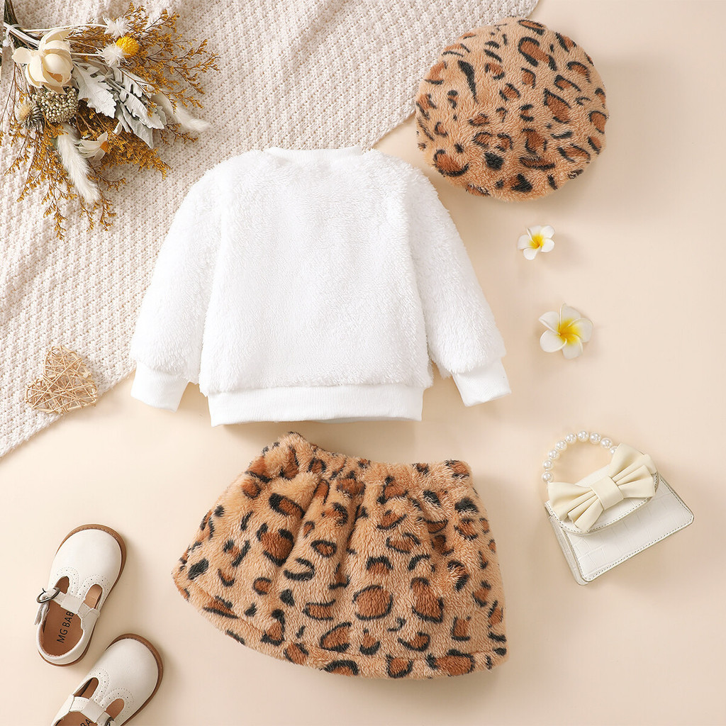 0-3 Years Toddler Baby Girl 3pcs Winter Clothing Set Cat Print Long Sleeved Shirt Leopard Skirt with Hat Fashion Cute Style Infant Baby