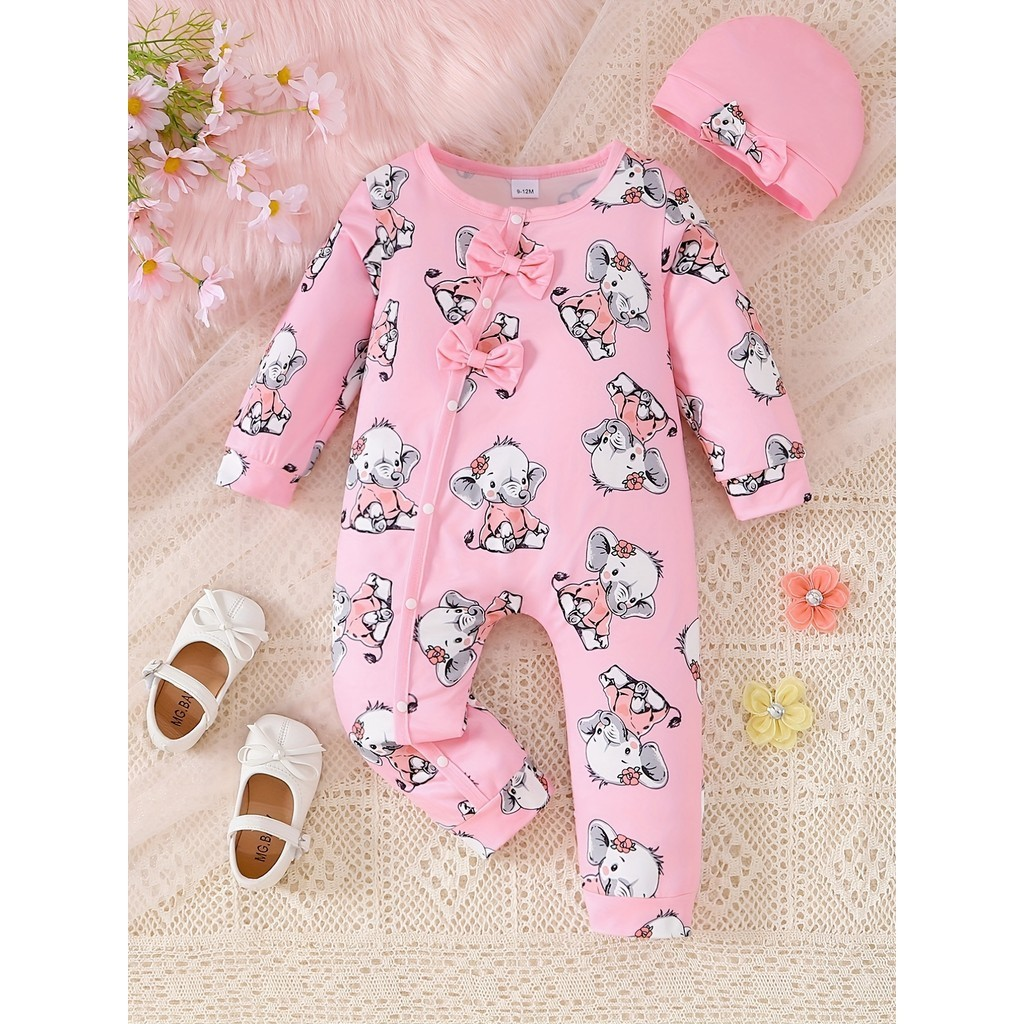 1-24 Months Toddler Baby Girl 2pcs Clothes Set Long Sleeve Elephant Print Romper with Hat Fashion Cute Style Newborn Baby Girl Photograp Outfit