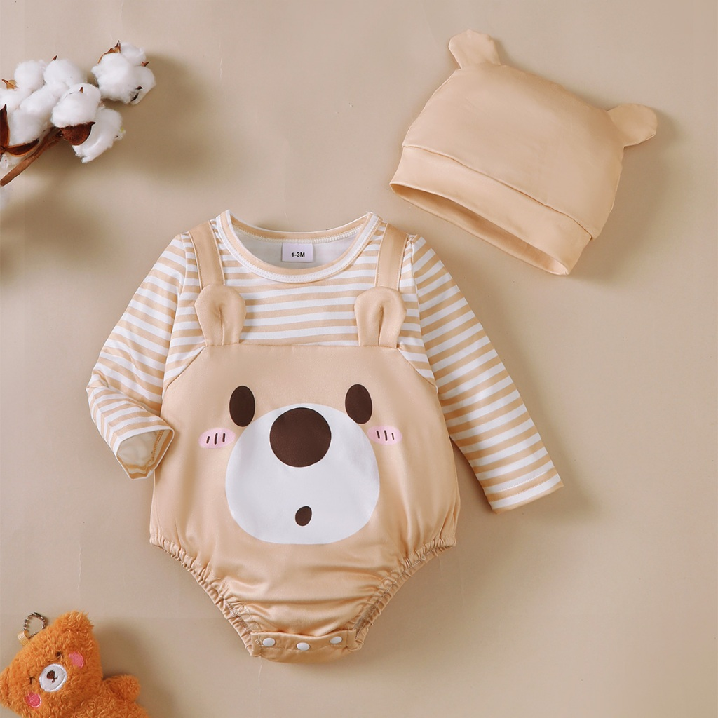 【 1-18 months 】 Baby khaki long sleeved jumpsuit | Cartoon bear print hooded crawling suit | Spring and Autumn baby jumpsuit | Soft and skin friendly baby clothes