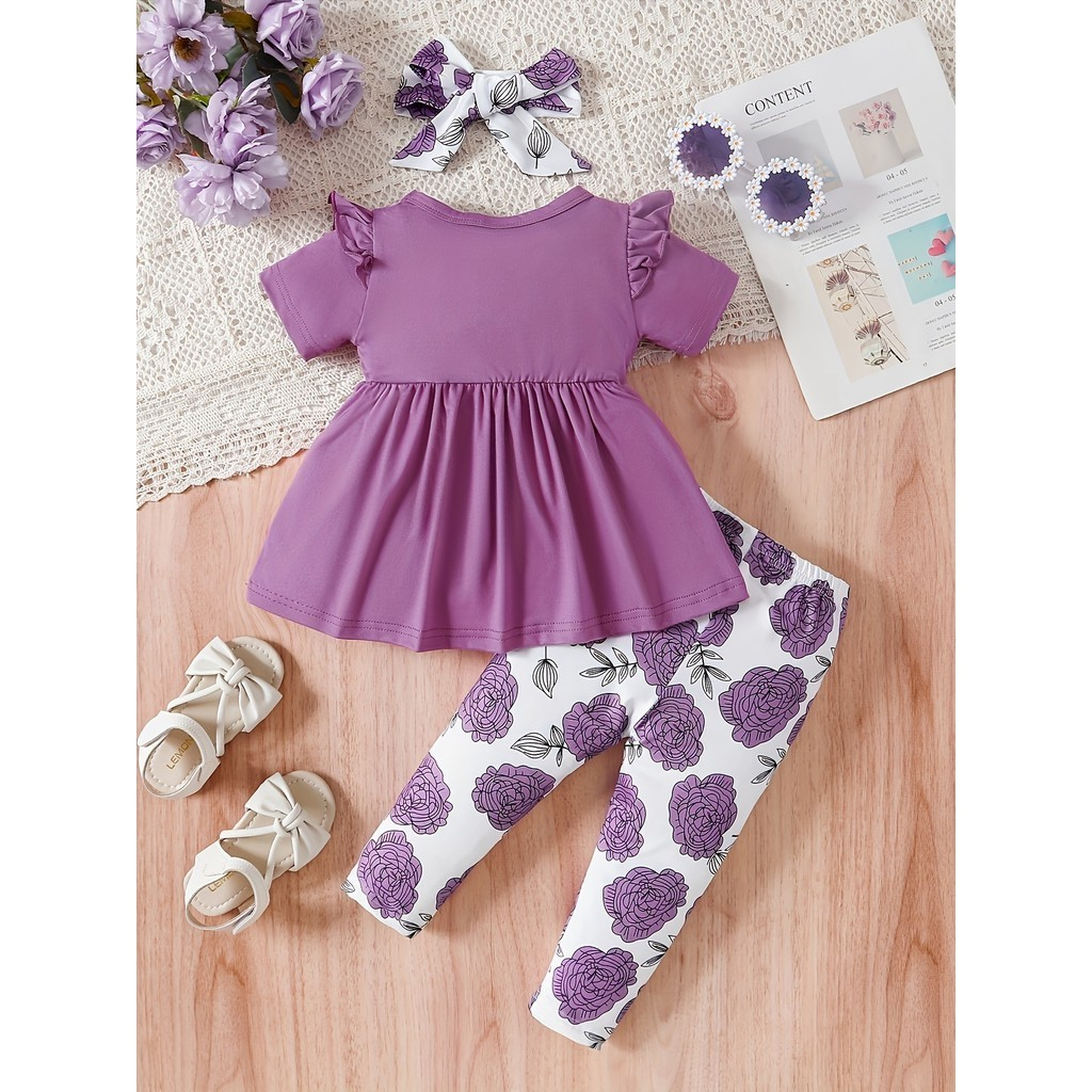 0-3 Years Newborn Baby Girl Short Sleeve Tops Dress And Cartoon Long Pants Outfit 2pcs Toddler Infant Clothing Set Fashion Kid Girl Korean Style Birthday Party Clothes Fashion