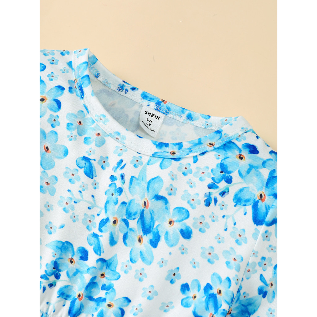 【2-7 Years】 Kids Girl Blue Floral Long-Sleeve Dress | A-Line Casual Princess Dress for Autumn