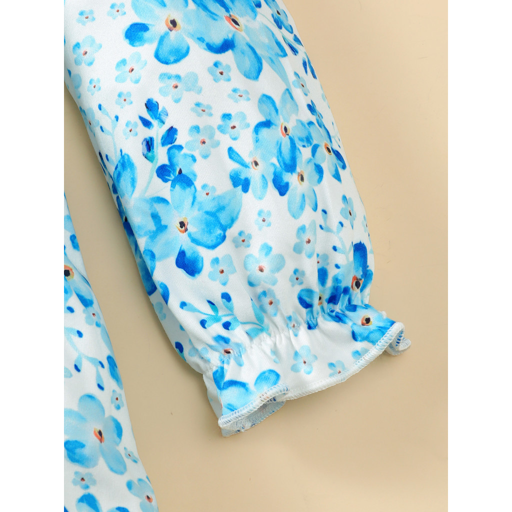 【2-7 Years】 Kids Girl Blue Floral Long-Sleeve Dress | A-Line Casual Princess Dress for Autumn
