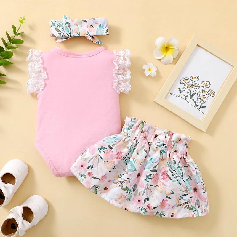 【 0-18 Months 】 Baby Girl Summer Dress Pink Lace Sleeveless Ha Yi Set | Lace Edge Strap Top+Flower Printed Short Skirt | Baby Princess Skirt Set
