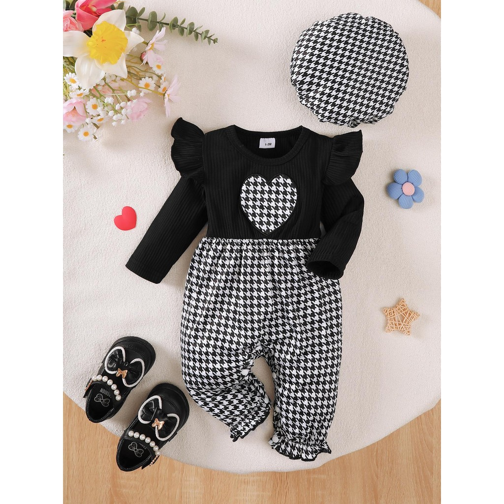 Romper for 1-18Months Newborn&Toddler Girl One Piece Two-color Splicing Fly Sleeve Long Sleeved Round Neck Hoodie Paired with Cute Hat Autumn&Winter Set