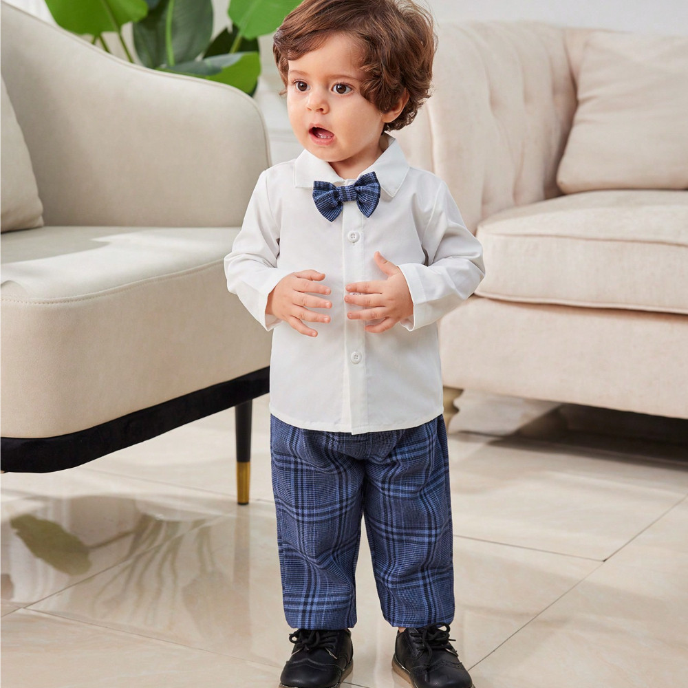 Baby Boy 3-18Months Plaid Formal Suit Set, Infant Gentleman Blazer + Pants + Bow Tie Outfit for Wedding Baptism Party