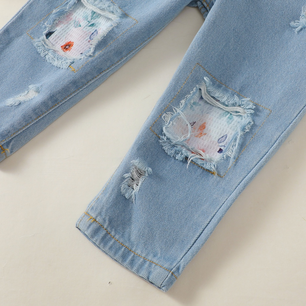 Suits for 1-4 Years Toddler Baby Girl Denim 2PCS Long Sleeve Fresh Floral Blouse with Ripped Holes Jeans Leisure Retro Design Baby Clothing