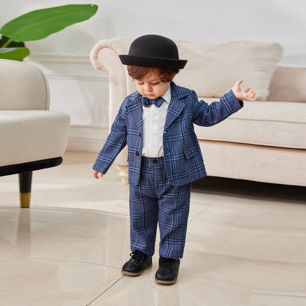 Baby Boy 3-18Months Plaid Formal Suit Set, Infant Gentleman Blazer + Pants + Bow Tie Outfit for Wedding Baptism Party