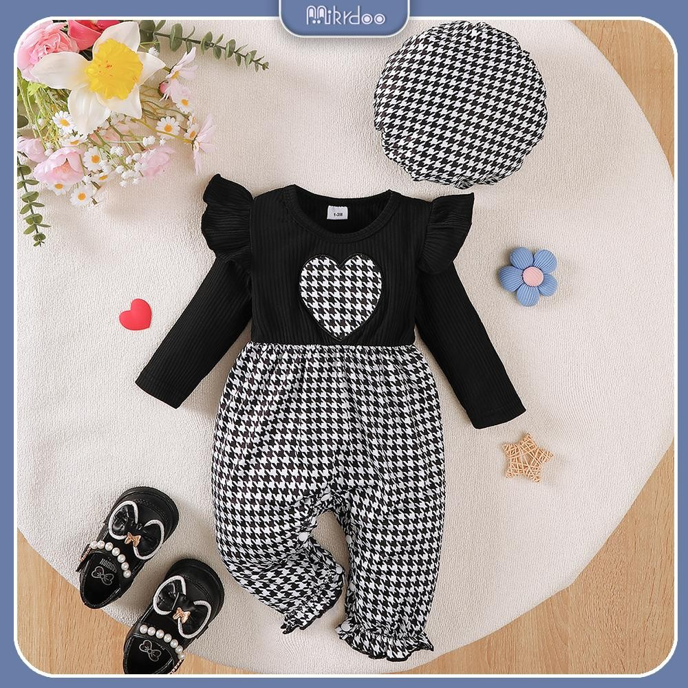 Romper for 1-18Months Newborn&Toddler Girl One Piece Two-color Splicing Fly Sleeve Long Sleeved Round Neck Hoodie Paired with Cute Hat Autumn&Winter Set