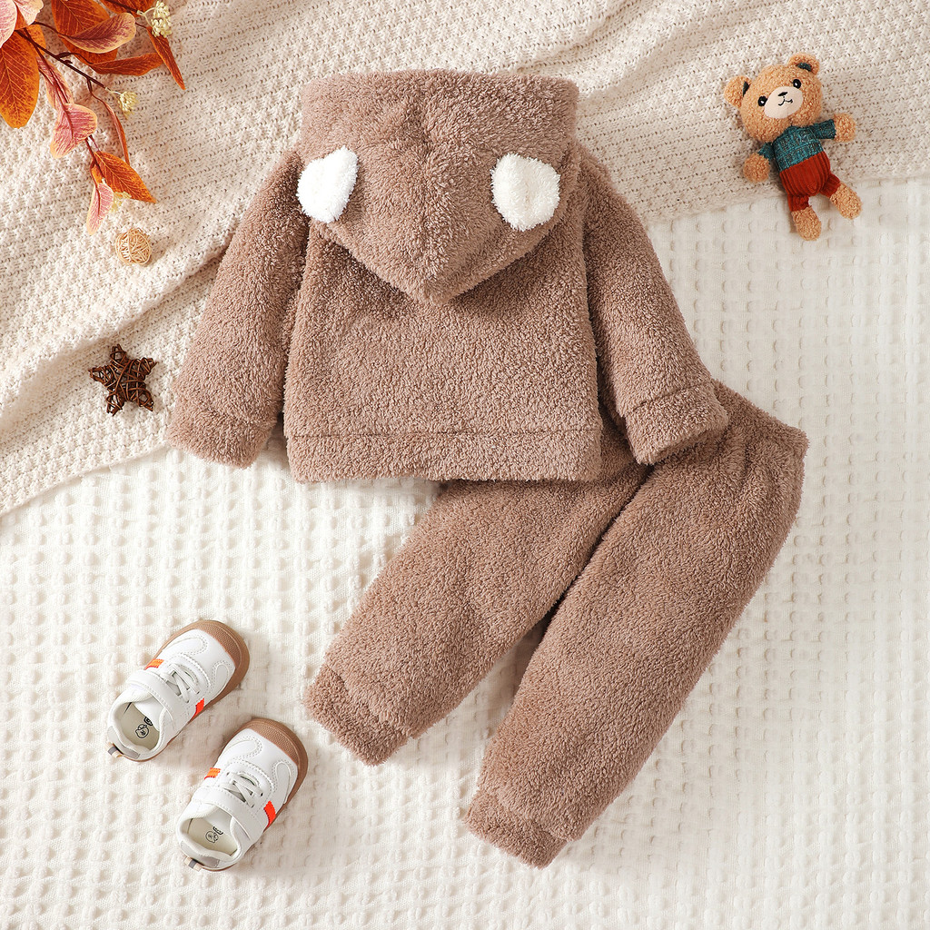 0-3 Years Toddler Baby  Girl Winter Clothes Set Brown Bear Velvet Long Sleeved Hooded Sweatshirt with Pants