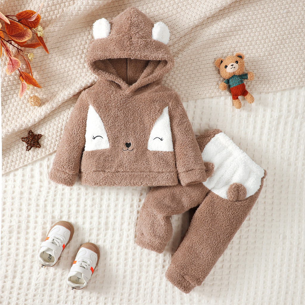 0-3 Years Toddler Baby  Girl Winter Clothes Set Brown Bear Velvet Long Sleeved Hooded Sweatshirt with Pants