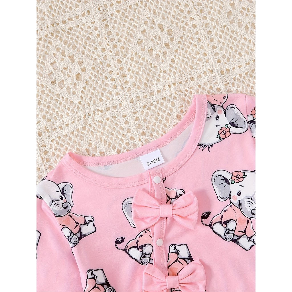 1-24 Months Toddler Baby Girl 2pcs Clothes Set Long Sleeve Elephant Print Romper with Hat Fashion Cute Style Newborn Baby Girl Photograp Outfit