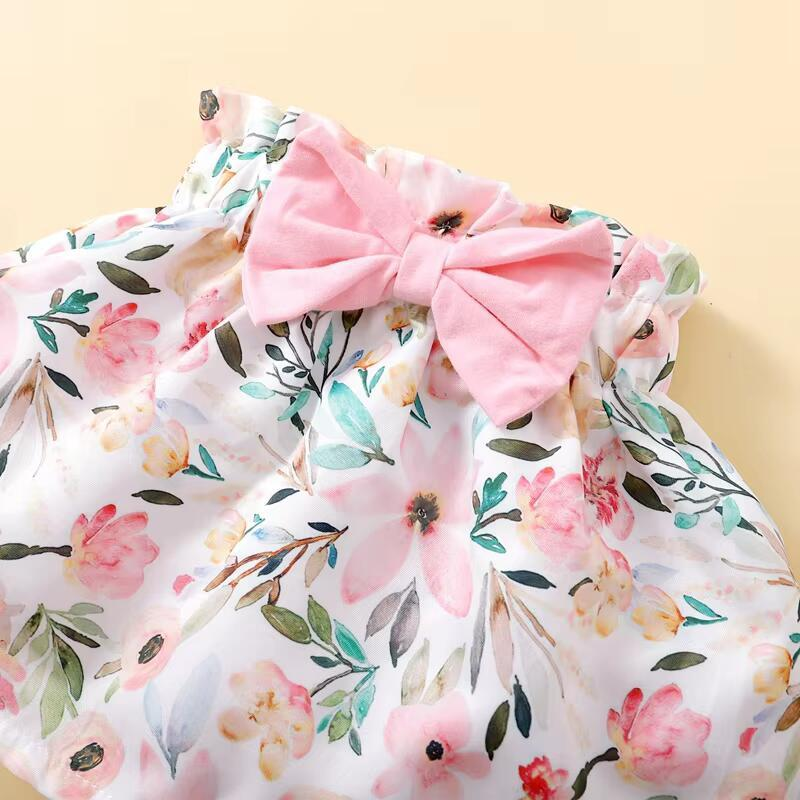 【 0-18 Months 】 Baby Girl Summer Dress Pink Lace Sleeveless Ha Yi Set | Lace Edge Strap Top+Flower Printed Short Skirt | Baby Princess Skirt Set