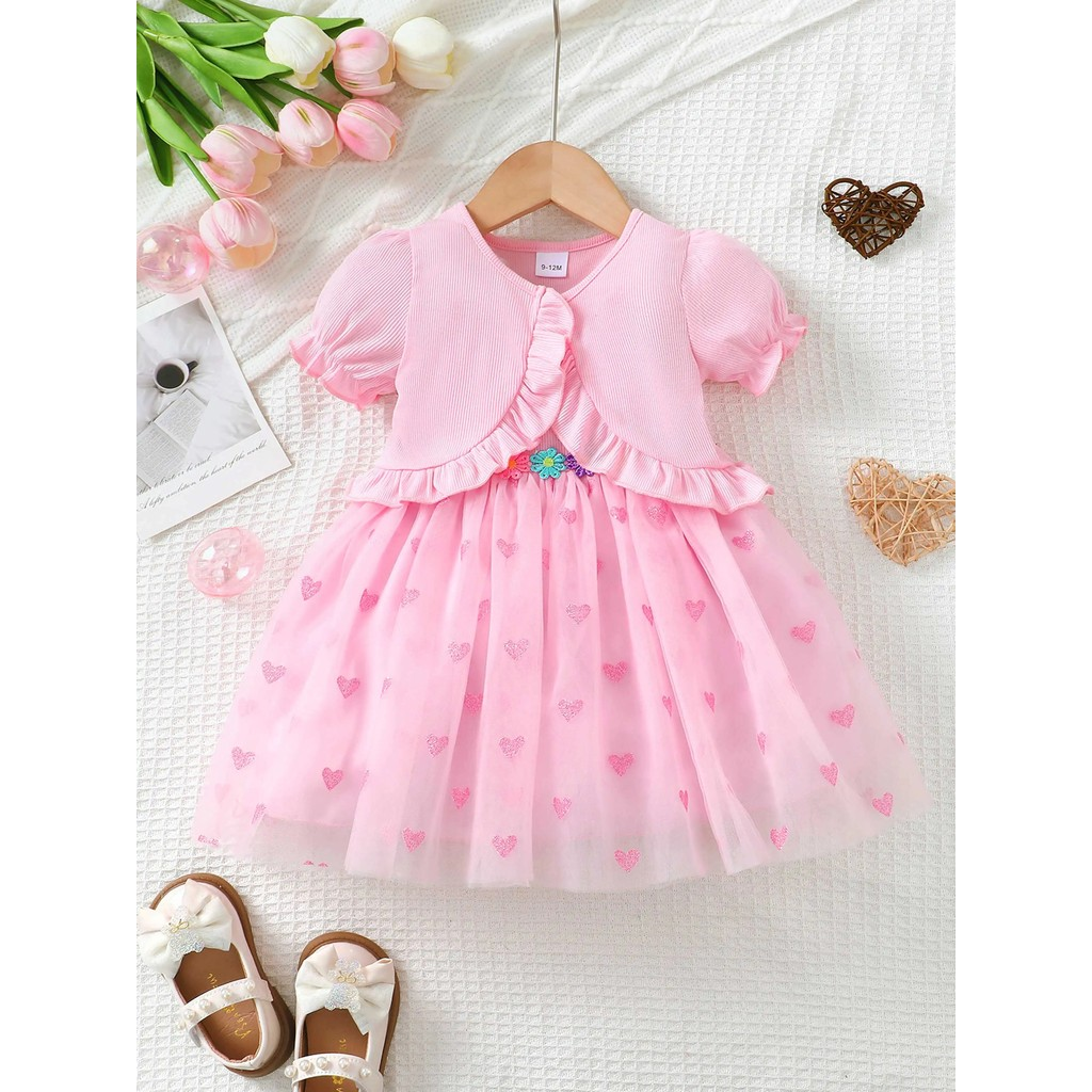 Dresses for 0-3Years Toddler Baby Girl 2pcs Clothing Set Pink Short Sleeved Cardigan Sling Flower Embroidered Love Mesh Dress Fashion Cute Style Infant Baby Daily Outfit