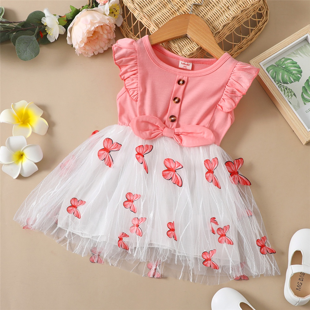 1-5Years Kids Girl Princess Dress Pink Butterfly Design Ruffle Sleeveless Tulle Dress Toddler Baby Girl Birthday Partywear Fashion Summer Sundress Beachwear