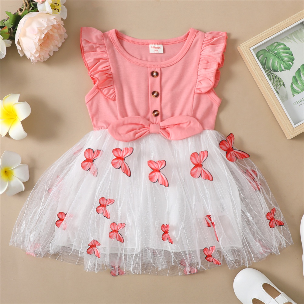 1-5Years Kids Girl Princess Dress Pink Butterfly Design Ruffle Sleeveless Tulle Dress Toddler Baby Girl Birthday Partywear Fashion Summer Sundress Beachwear