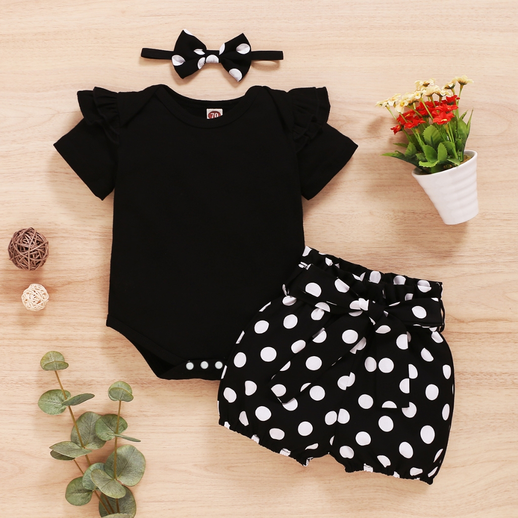 Newborn Baby Girl Romper Clothing 3Pcs Set Print Short Sleeves Bodysuit + Floral Pants Wave Point Toddler  Infant Baby Girl Jumpsuit Outfit Baju Baby Gir Murah Costume Playsuit