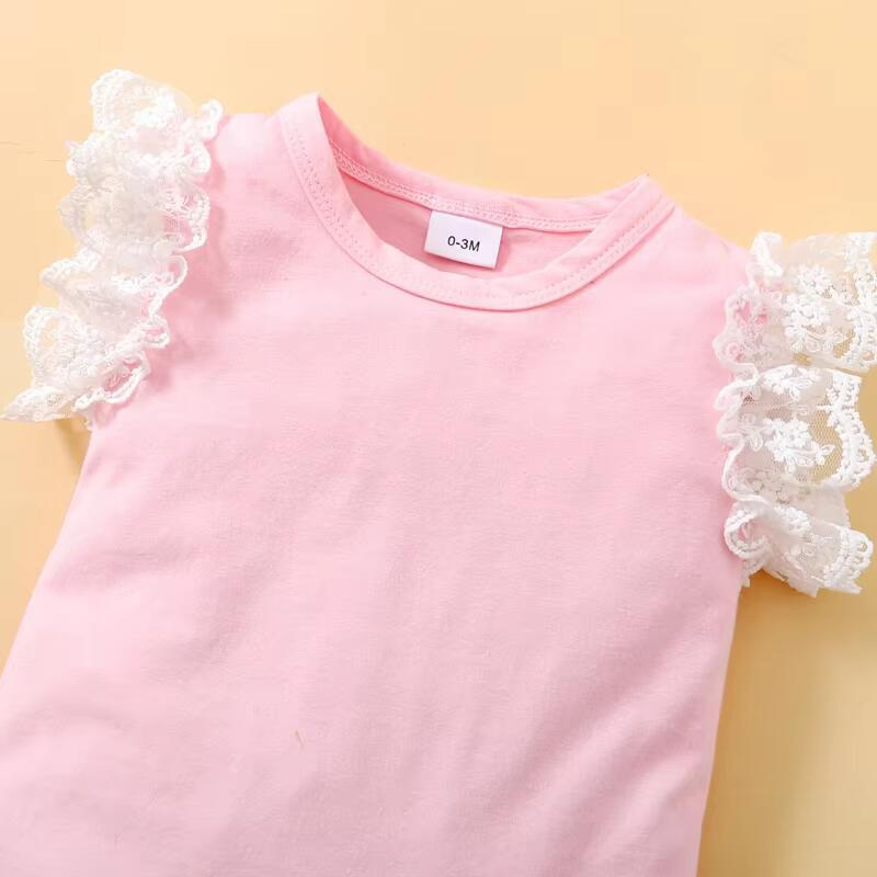 【 0-18 Months 】 Baby Girl Summer Dress Pink Lace Sleeveless Ha Yi Set | Lace Edge Strap Top+Flower Printed Short Skirt | Baby Princess Skirt Set