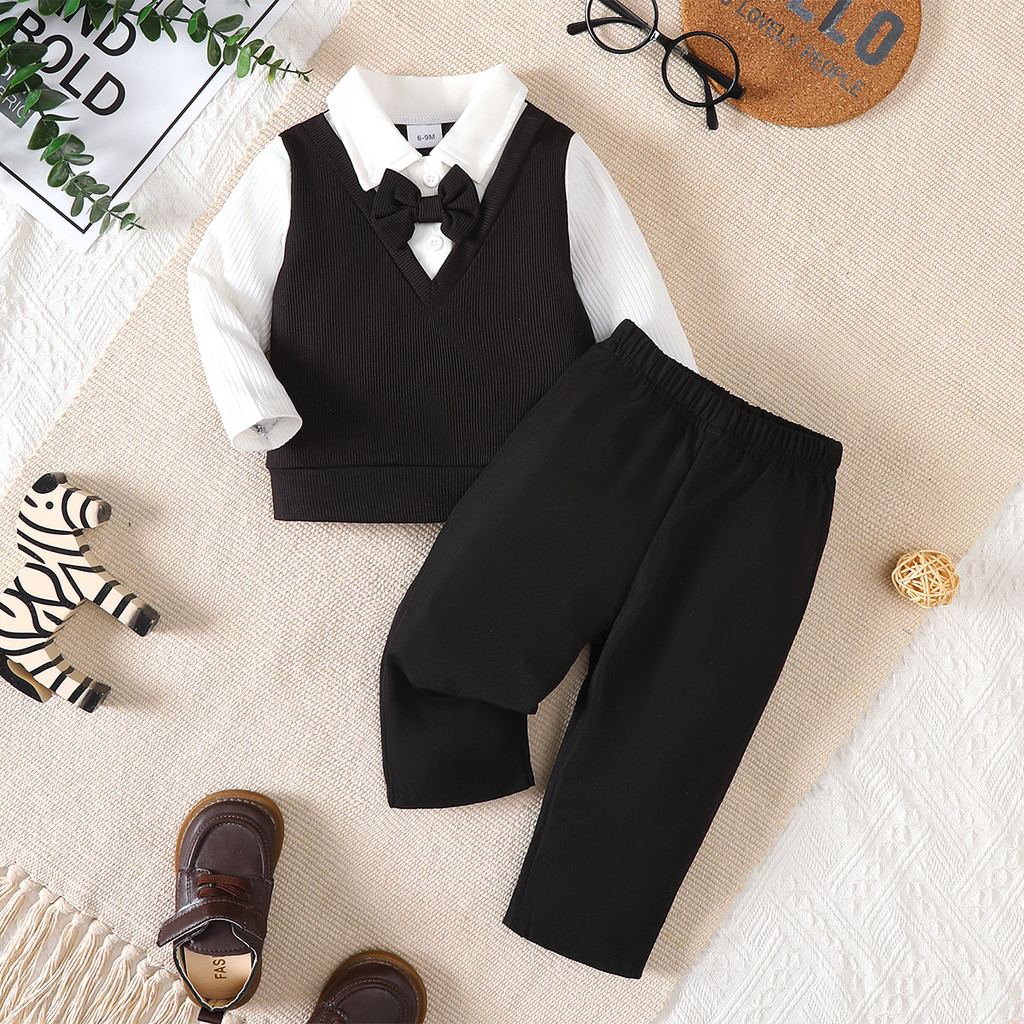 Baby Boys Formal Suit 2Pcs (Shirt + Pants) with Bow Tie for 6M-3Yrs Kids, Black Gentleman Outfit for Wedding/Party/Photoshoot