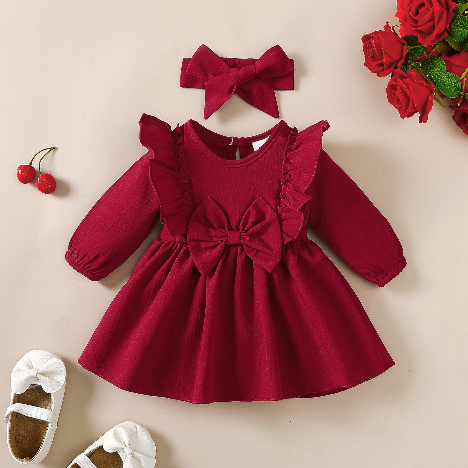 Dress for 1-18Months Newborn&Toddler Baby Girl Dress with Ruffled Edges and Bow, Long Sleeved Dress and Headband Set