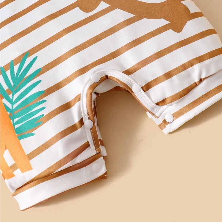 【2PCS】 9-24M Baby Romper Set | Striped Giraffe & Bear Print Jumpsuit + Matching Striped Hat | Adorable Summer Outfit