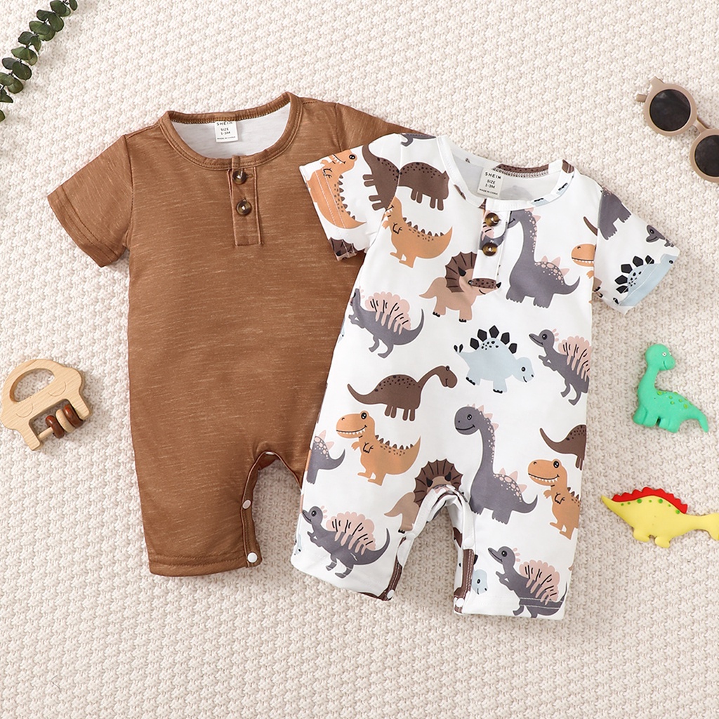 【3-24M】 2PCS Unisex Baby Romper Bundle | Plain Brown Romper + Dinosaur Print Short Sleeve Jumpsuit | Casual Summer Set