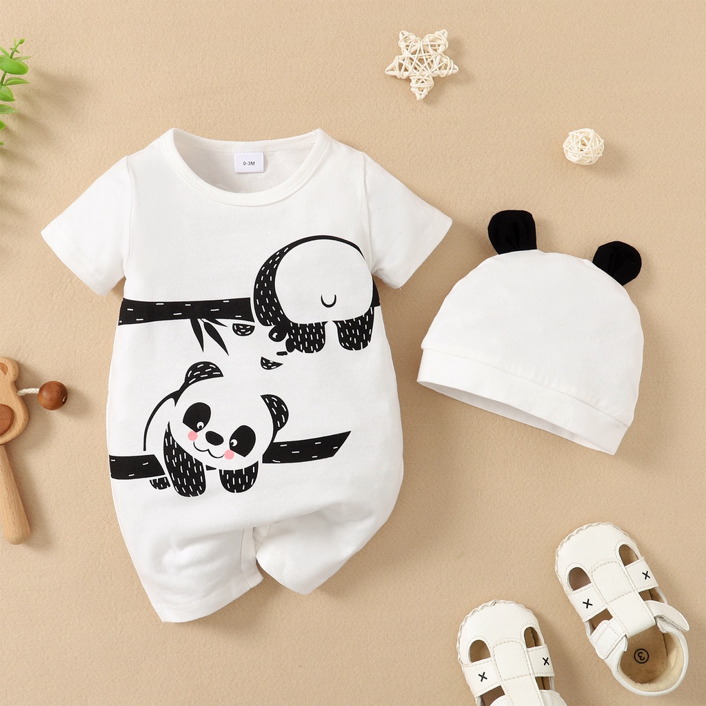 0-4Y Baby Girls Panda Print Romper Set | Snug-Fit Soft Cotton Short Sleeve Outfit with Hat, for All-Day Comfort & Casual Occasions