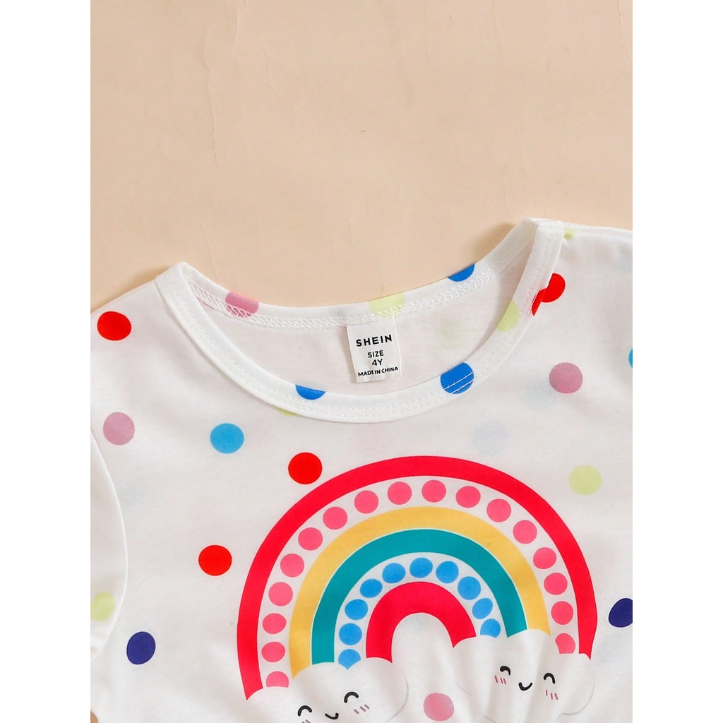 4-7 Years Kid Girl Dress Long Sleeved Rainbow Print Polka Dots Princess Dress Fashion Cute Style Child Girl Daily Wear