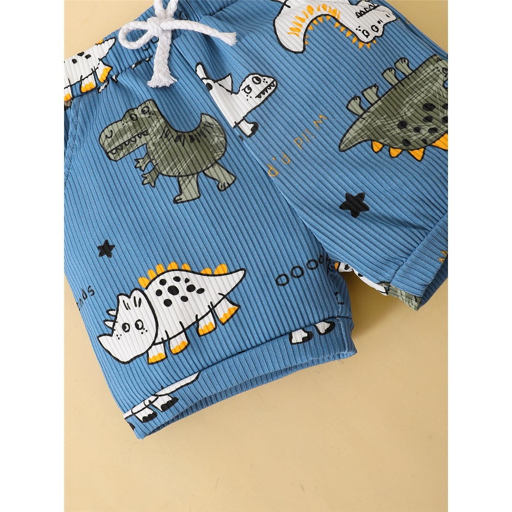 【2PCS】 0-3Y Baby Boy Clothes Set | Blue Ribbed Dinosaur Print Tank Top + Shorts | Casual Summer Outfit