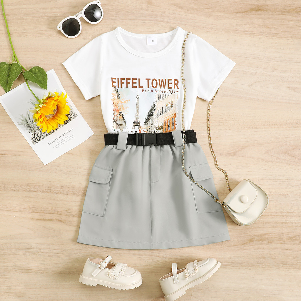 4-7 Years Girls Paris Eiffel Tower Print Short Sleeve T-Shirt with High Waist Skirt Set Fashion Toddler Outfit for Daily Wear School Play Comfortable Kids Clothing