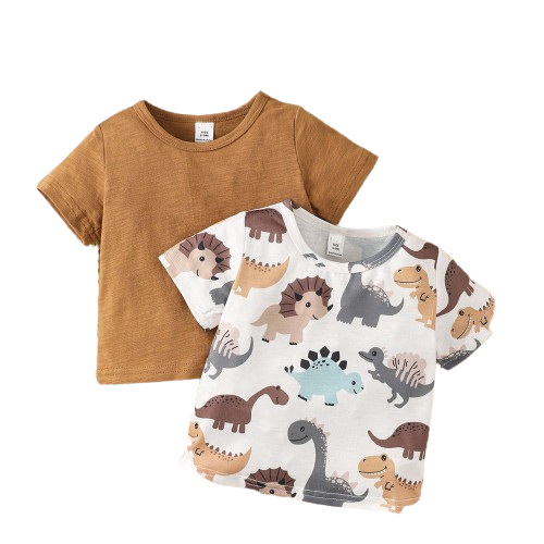 【6-24M】 2PCS Baby Boy T-shirt Bundle | Plain Brown Tee + Dinosaur Print Short Sleeve Top | Casual Summer Set